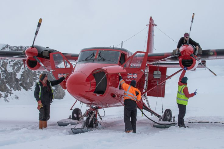 BAS Twin Otter aircraft “Ice Cold Katy” is prepared on the skiway at Rothera Research Station (Matt Hughes)